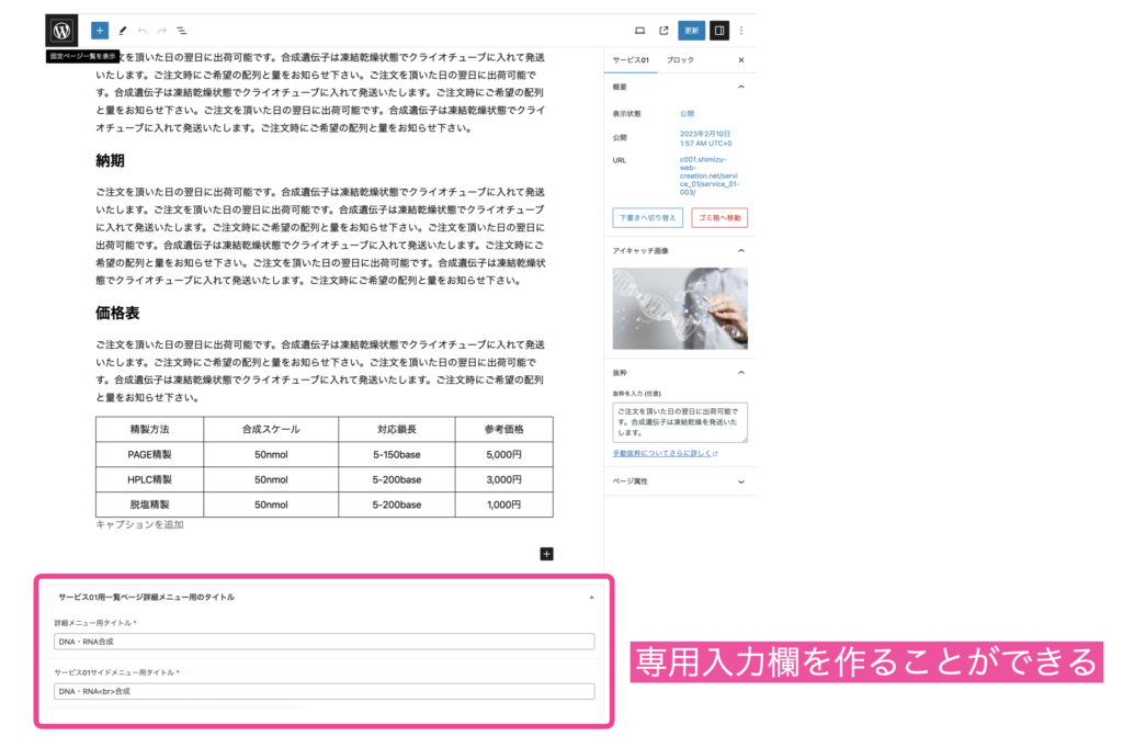 テストサイト投稿画面のスクショ（プラグインAdvanced Custom Fieldsを使用）