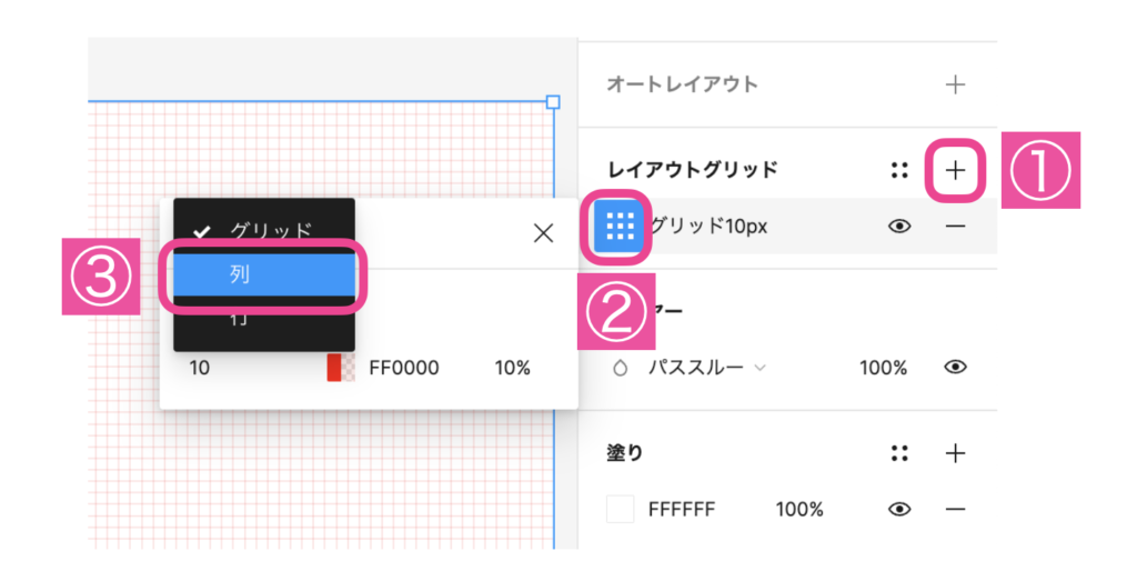 figmaレイアウトグリッド設定画面：列グリッドの設定画面