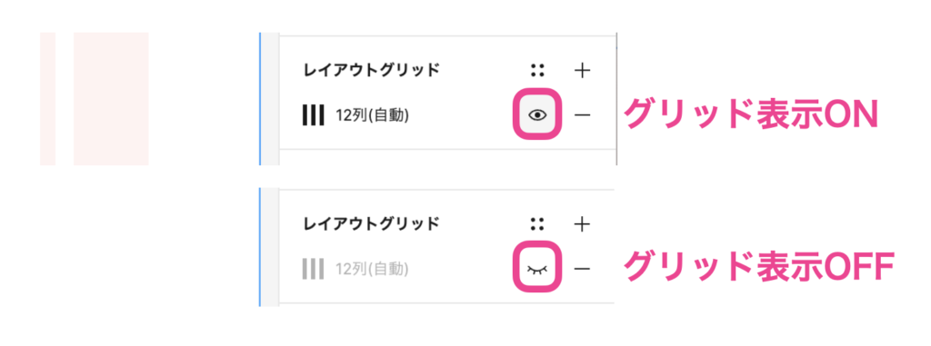 figmaレイアウトグリッド設定画面：表示のON・OFF